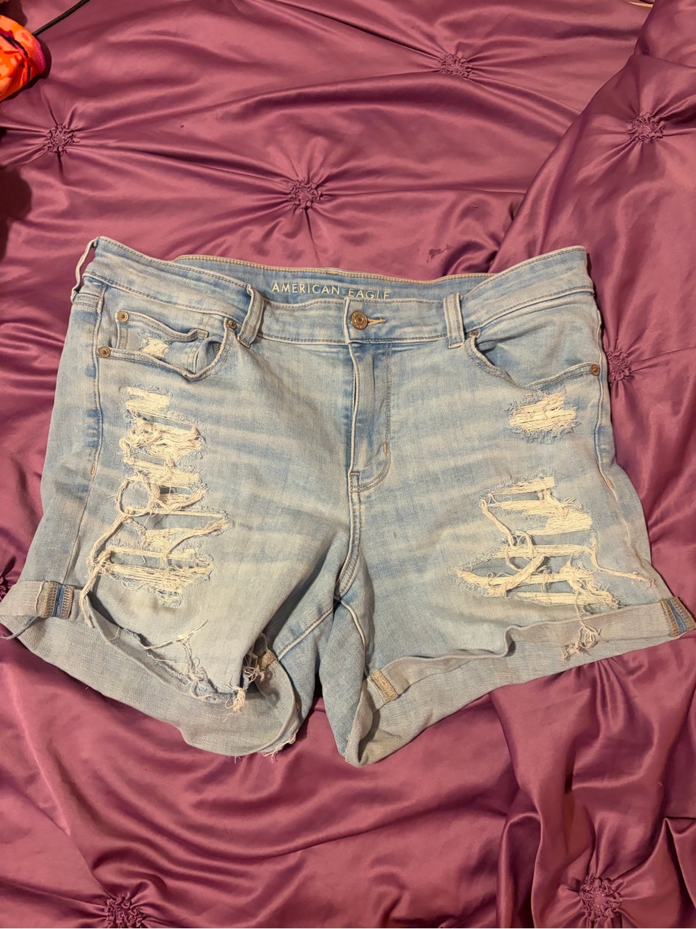 American Eagle Outfitters Light Wash Distressed High Waist Denim Shorts